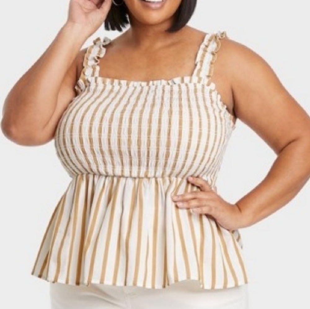 Ava & Viv Smocked Peplum Top  White and Tan Striped Size 4X